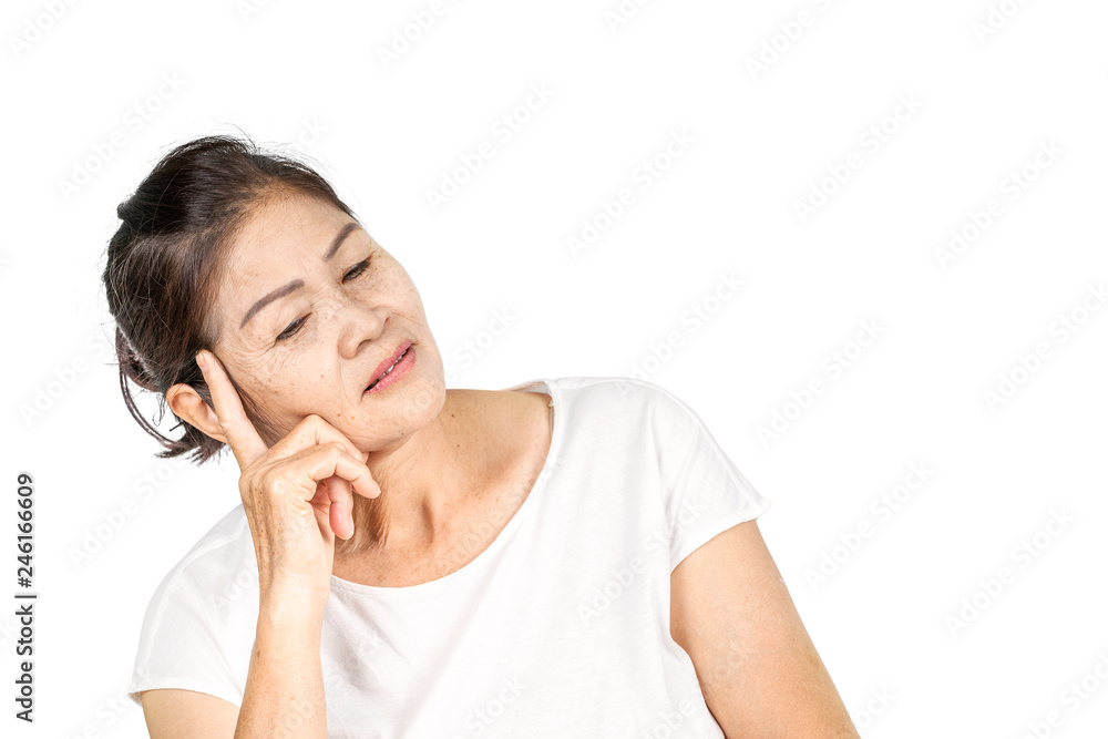 Old asian woman looking and thinking with copy space Old asian woman looking and thinking with copy space