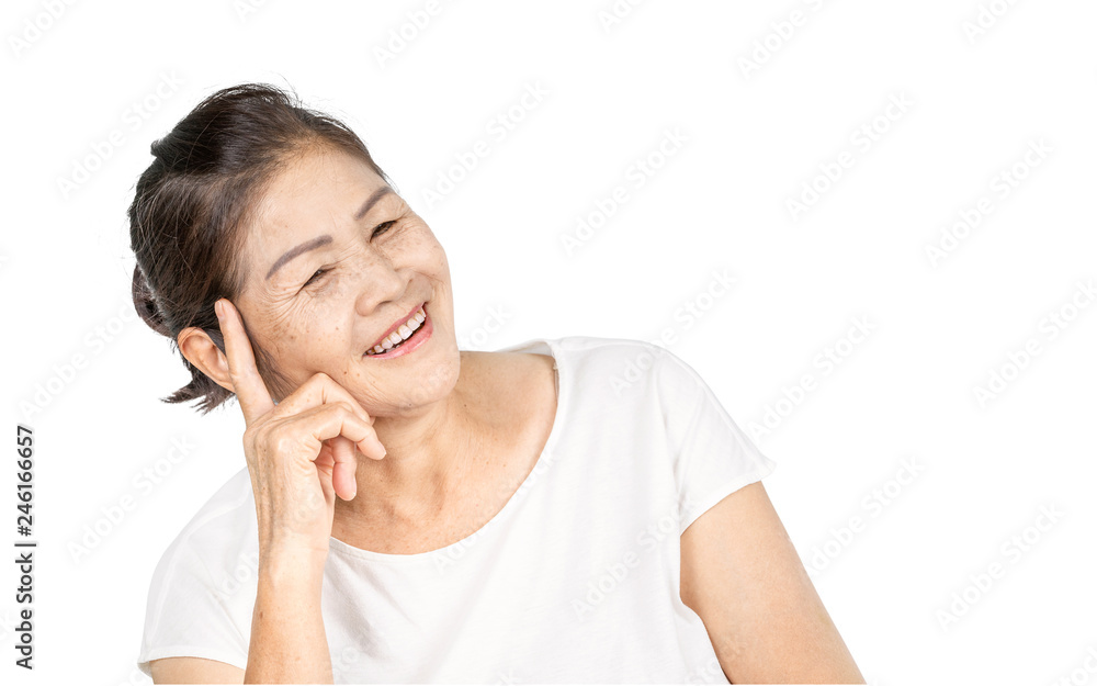 Old asian woman looking and thinking with copy space Old asian woman looking and thinking with copy space