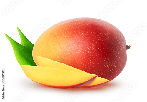 Isolated mango fruits. Whole mango fruit and slices with leaves isolated on white background, with clipping path