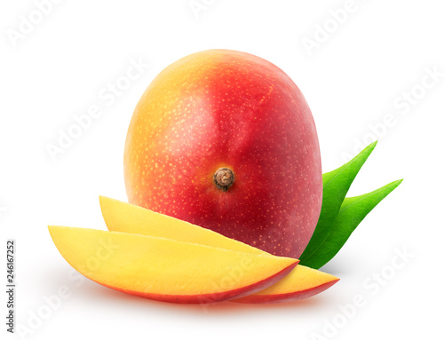 Isolated mango fruits. Whole mango fruit and slices with leaves isolated on white background with clipping path