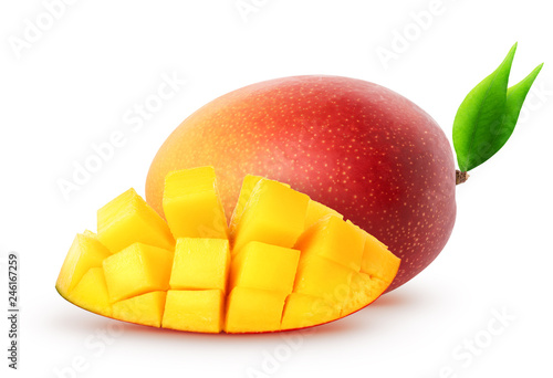 Isolated mango fruits. Whole mango fruit and cubes with leaves isolated on white background with clipping path