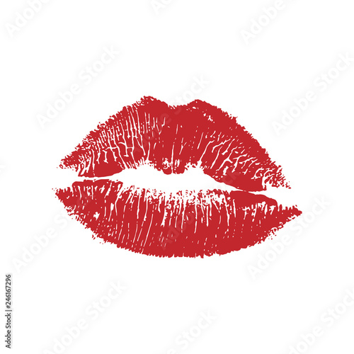 Vector illustration of womans girl red lipstick kiss mark isolated on white background. Valentines day icon, sign, symbol, clip art for design.
