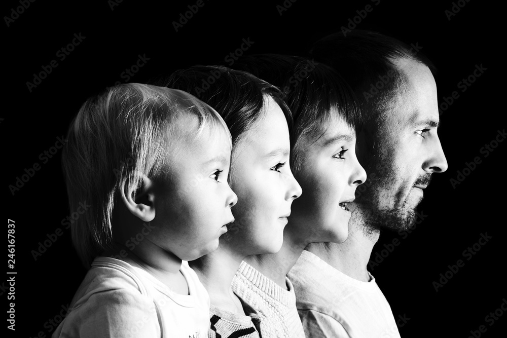 Family portrait of father and three boys, profile picture of them all ...