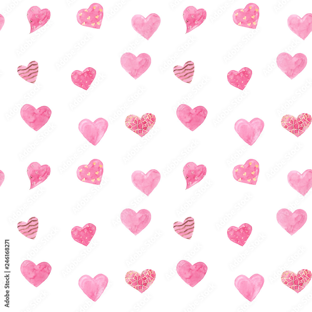 Watercolor hand drawn pattern with pink hearts on white background. Good for Valentine's day, wedding, romantic decor, card, paper, fabric