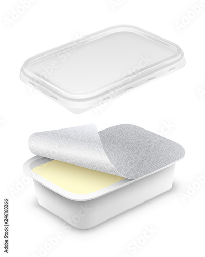 Open rectangular plastic container with foil and transparent lid. Vector packaging mockup 3D illustration.