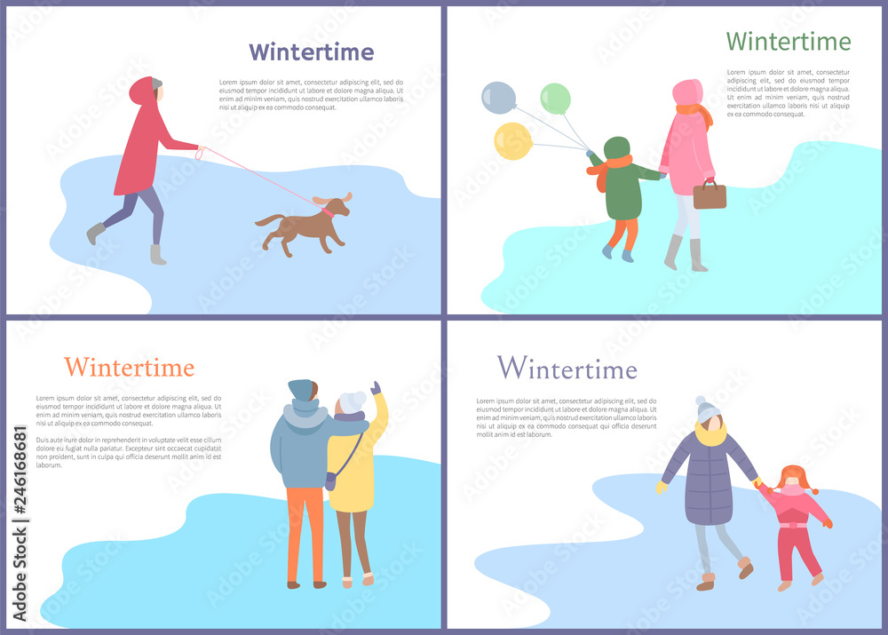Wintertime couple walking in winter season set vector. Mother and child holding balloons, person with canine on leash, people spending time outdoors Wintertime couple walking in winter season set vector. Mother and child holding balloons, person with canine on leash, people spending time outdoors