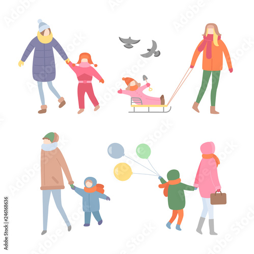 Mother with kid, walking during winter season vector. People having fun outdoors, woman and child riding sleigh, flying pigeons and balloons decor