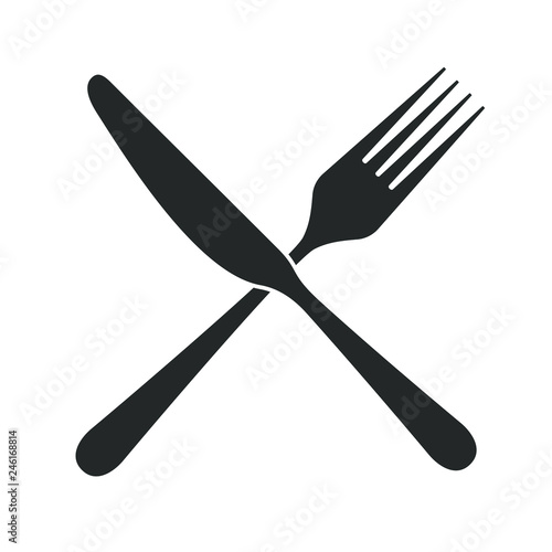 Knife and fork icon in flat design. Sign knife crossed with fork. Isolated black symbols on white background. Simple silhouette cutlery. Vector illustration