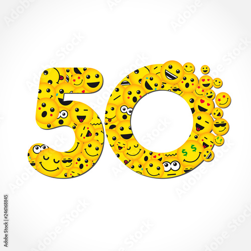 50 th years old congrats. Isolated yellow letter O logotype. Abstract web graphic symbol of 50 %. Vector label design template. Round shape digits, up to -50 % percent off sign. Discount emblem.