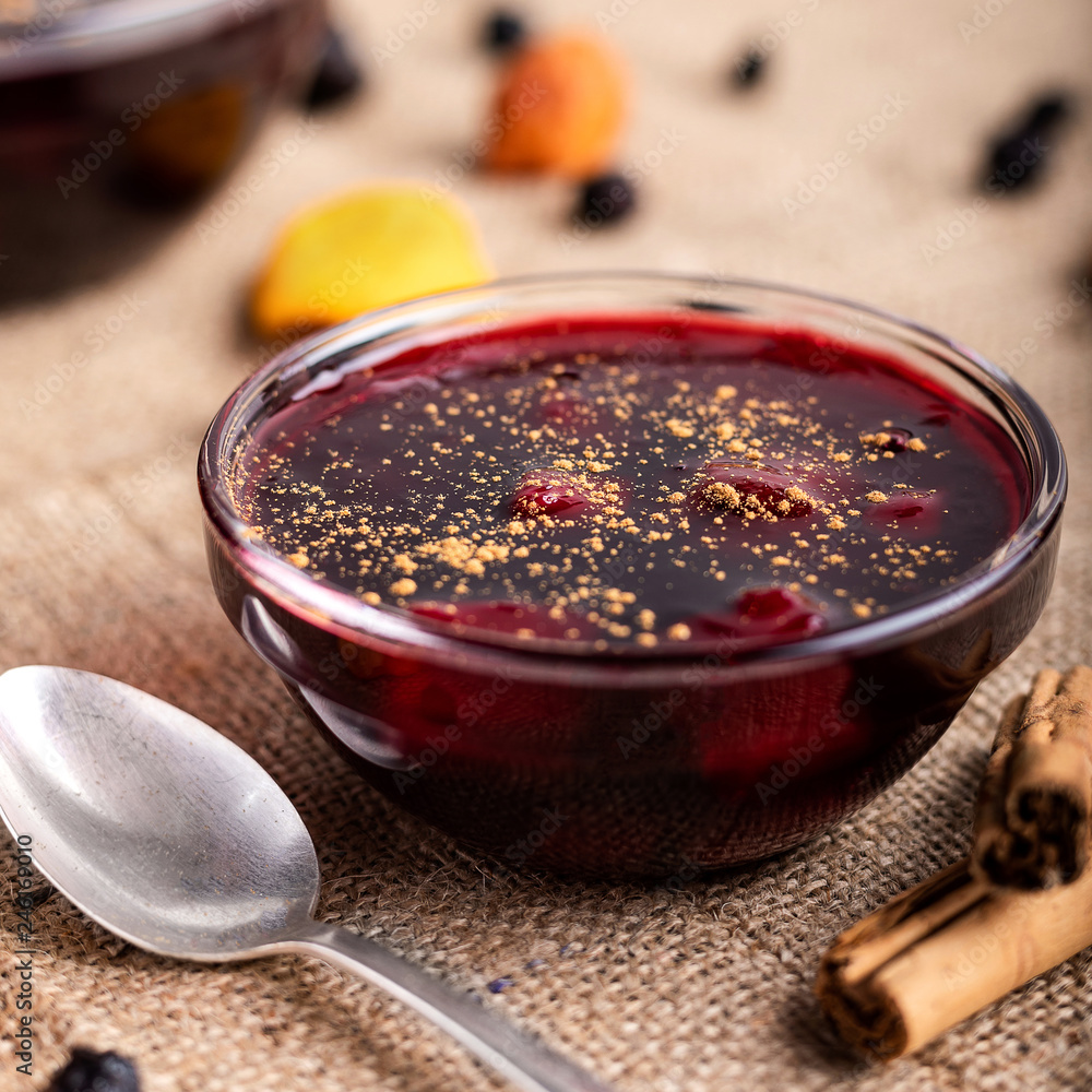 Mazamorra morada, delicious peruvian dessert jam with dried fruits and cinnamon