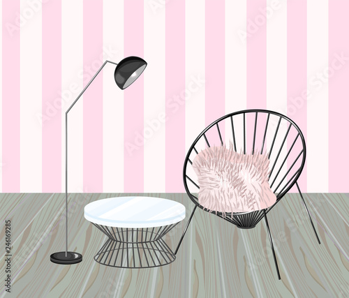 Armchair and table. Striped background. Living room design Vector. Modern dec...