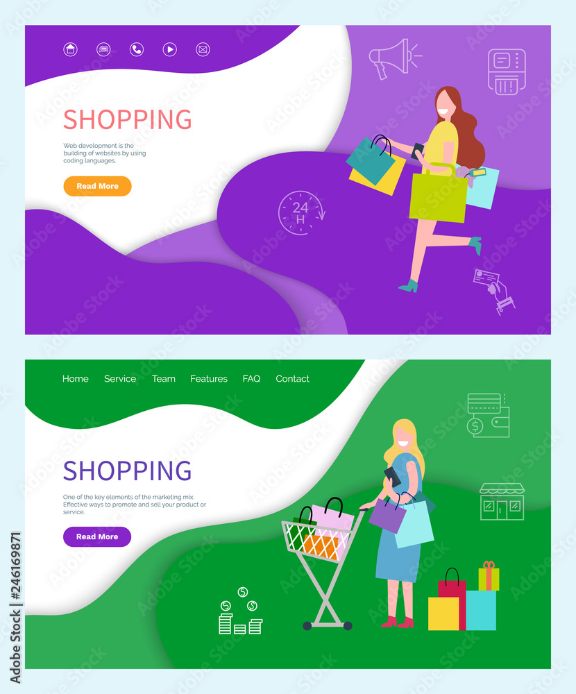 Shopping bag in hand of shopper returning home vector. LAdy with cart loaded with packages and presents, female customer happy purchase from stores