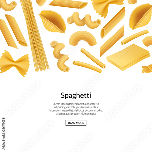 Vector realistic pasta types banner background illustration. Web page with place for text