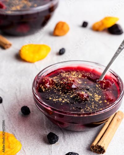 Mazamorra morada, delicious peruvian dessert jam with dried fruits and cinnamon