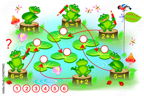 Educational page with exercises for children on addition and subtraction.  Solve examples and draw numbers in circles. Printable worksheet for kids. Developing counting skills. Vector cartoon image.