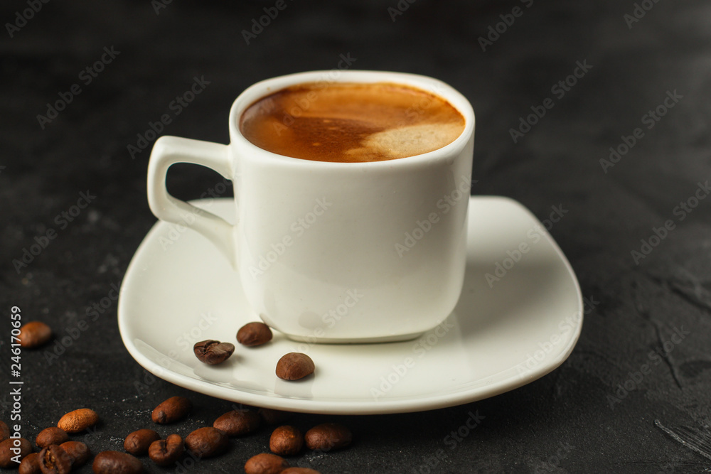 coffee, serving  beverage in a white cup (coffee grain). food. top.copy space