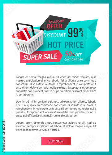 Super sale, 50 percent off, best offer web page template vector. Shopping basket with purchased gift, present with ribbon bow. Clearance sellout of goods