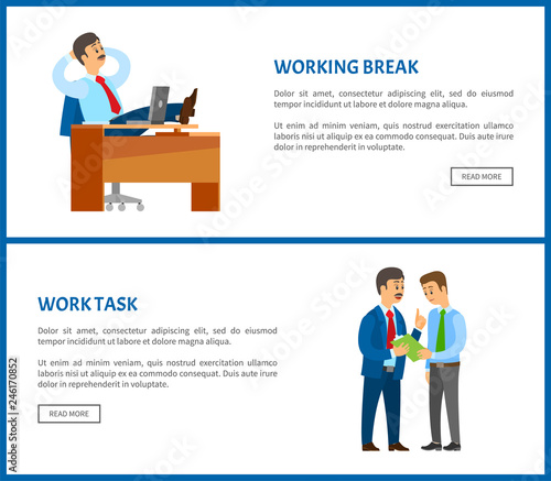 Working break, boss resting in office, put legs on table. Leader with mustaches giving task to worker beginner, discussion contract details web pages