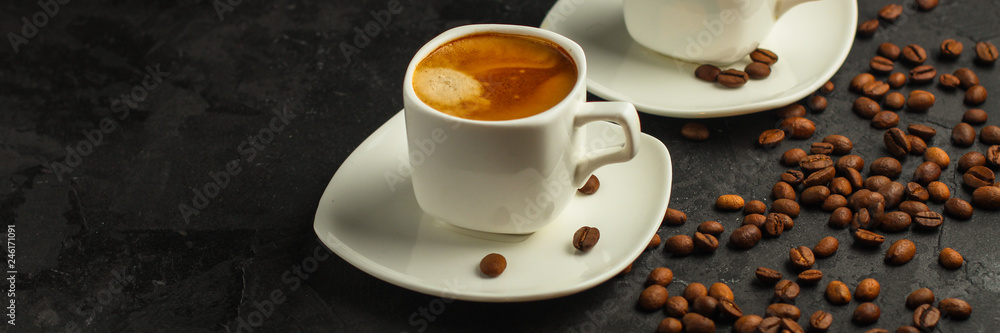coffee, serving beverage in a white cup (coffee grain). food. top.copy space coffee, serving beverage in a white cup (coffee grain). food. top.copy space
