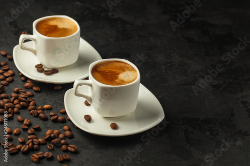 coffee, serving beverage in a white cup (coffee grain). food. top.copy space