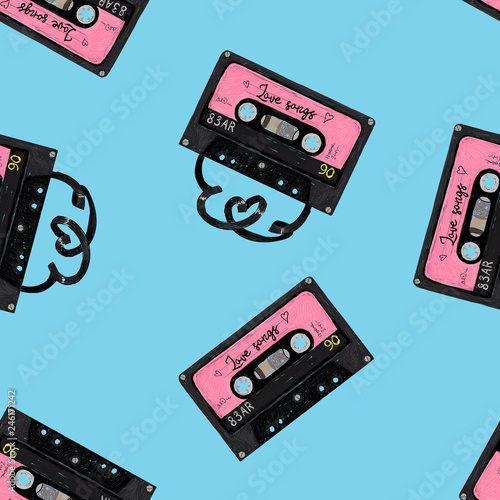 Seamless pattern with hand drawn sketch doodle audio tapes with love songs and heart tapes in retro 80s style on beige background. Best for valentines day wrapping, love cards
