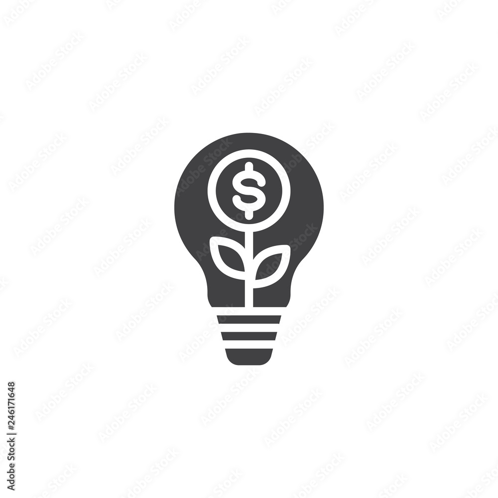 Business idea lamp vector icon. filled flat sign for mobile concept and web design. Light bulb with money plant inside simple solid icon. Symbol, logo illustration. Pixel perfect vector graphics Business idea lamp vector icon. filled flat sign for mobile concept and web design. Light bulb with money plant inside simple solid icon. Symbol, logo illustration. Pixel perfect vector graphics