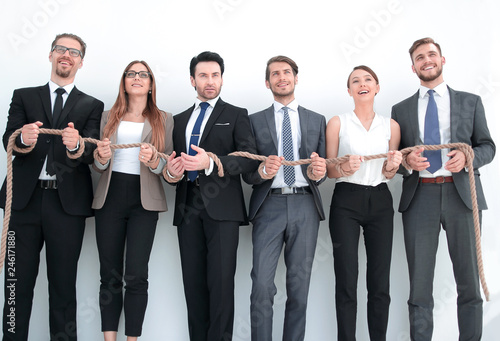 colleagues with wrists tied with a rope