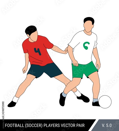 The soccer players fighting for the ball. Vector illustration. Football players in action. One player tries to take the ball from another.