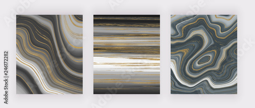 Set liquid marble texture. Grey and golden glitter ink painting abstract pattern. Trendy backgrounds for wallpaper, flyer, poster, card, invitations. Modern art.