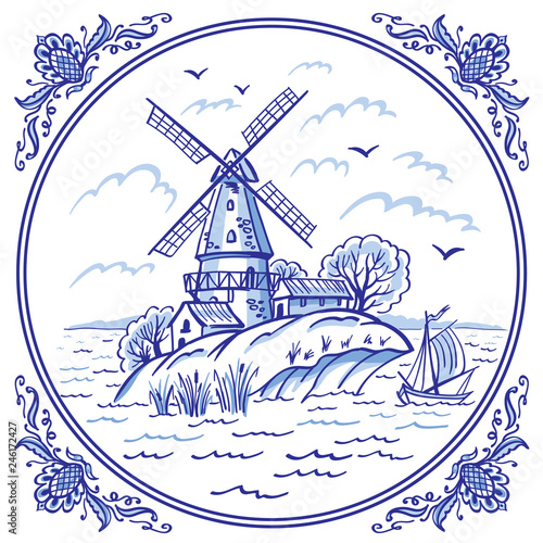 Landscape with a windmill and a boat in blue colors in a patterned frame, Delft style decor, Gzhel painting, Chinese porcelain, vector illustration, decor for various designs.