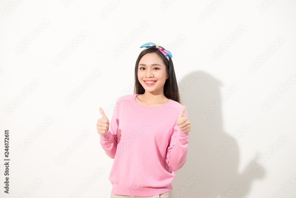 People person facial expression concept. Close up photo portrait of pretty funny funky charming cute nice glad girl making giving double two thumb up sign isolated on white background People person facial expression concept. Close up photo portrait of pretty funny funky charming cute nice glad girl making giving double two thumb up sign isolated on white background