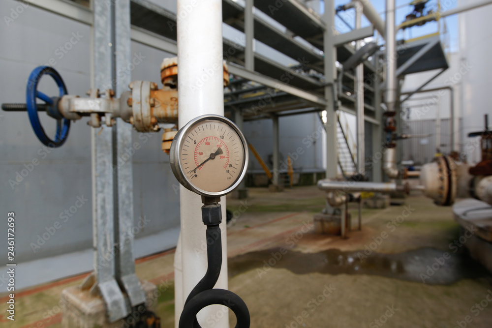 Pressure gauge at gas plant measuring gas pressure pipe and valve Stock Photo Adobe Stock