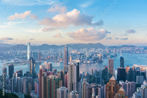 Victoria Harbor of Hong Kong city under sunset