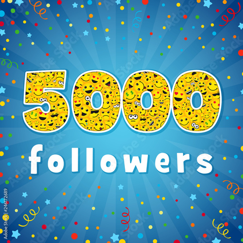 Thank you 5 000 followers logotype. Congratulating bright 5.000 networking thanks, net friends abstract image, 4000k sign with people faces. Isolated smiling numbers. Abstract graphic design template.