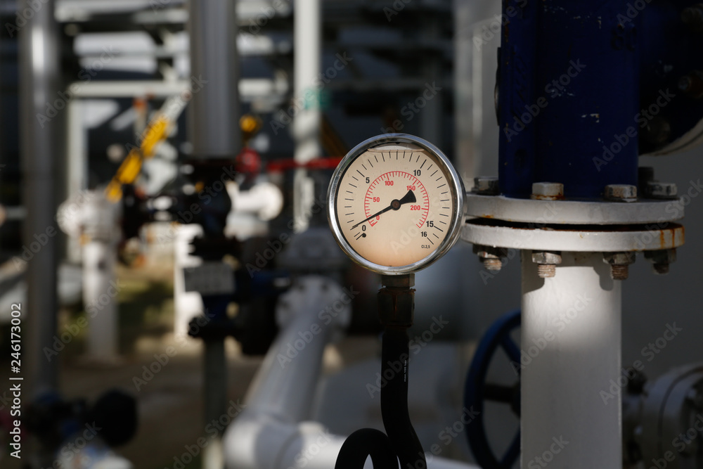 Pressure gauge at gas plant measuring gas pressure pipe and valve Stock Photo Adobe Stock