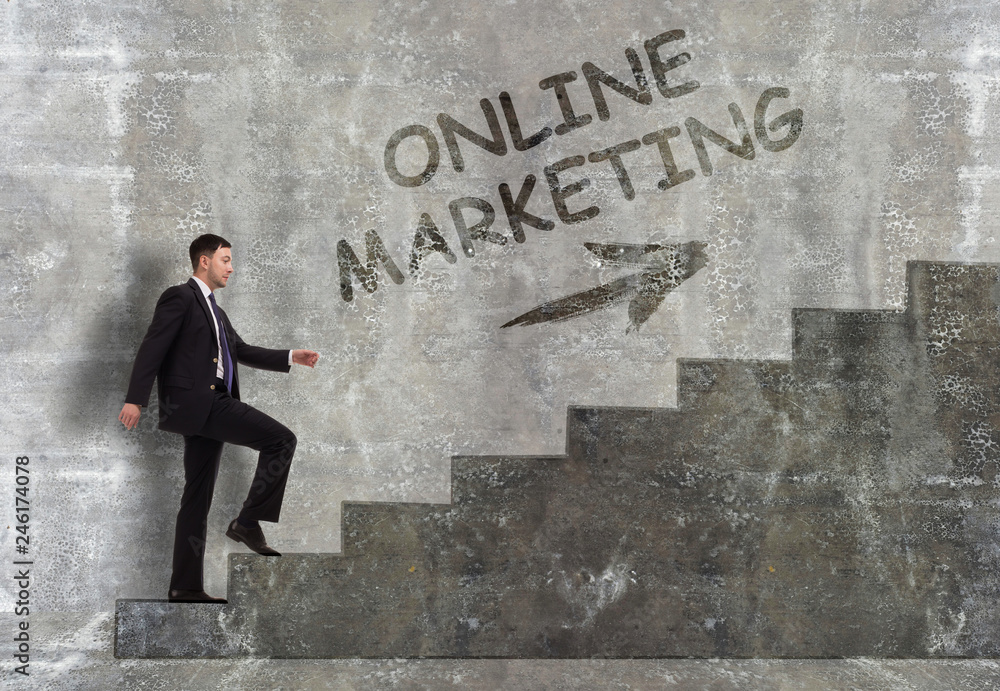 Business, technology, internet and networking concept. A young entrepreneur goes up the career ladder: Online marketing Business, technology, internet and networking concept. A young entrepreneur goes up the career ladder: Online marketing