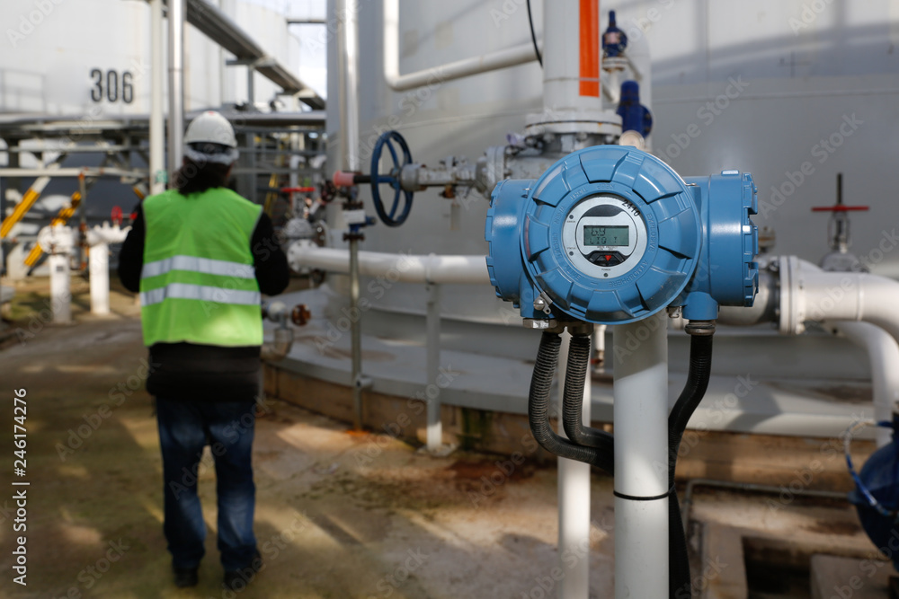 Pressure gauge at gas plant - measuring gas pressure - pipe and valve Pressure gauge at gas plant - measuring gas pressure - pipe and valve