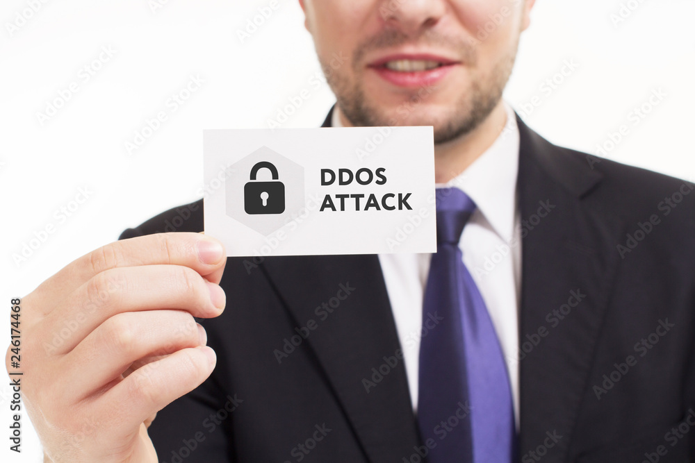 Business, technology, internet and networking concept. Young entrepreneur showing keyword: Ddos attack Business, technology, internet and networking concept. Young entrepreneur showing keyword: Ddos attack