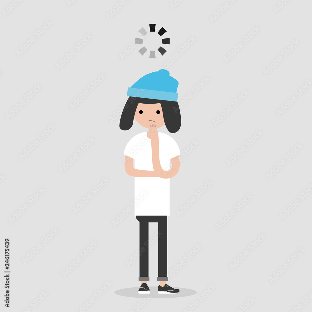 Young pensive character with a loading bar above her head.flat cartoon design