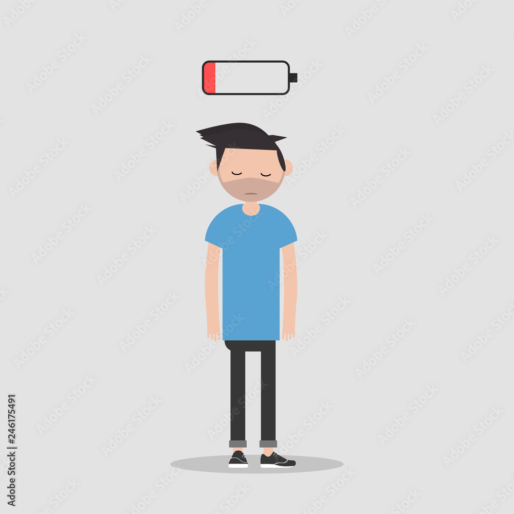 young exhausted character with low battery icon above.flat cartoon design