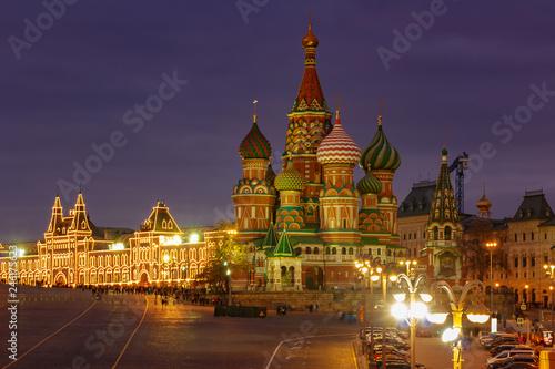 St. Basils Cathedral on Red Square in Moscow with night illumination