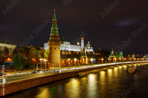 View of Moscow Kremlin and Kremlevskaya embankment of Moskva river at night