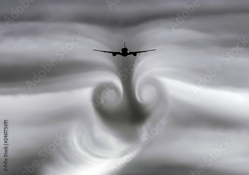 The turbulence of the clouds left by the plane during photo