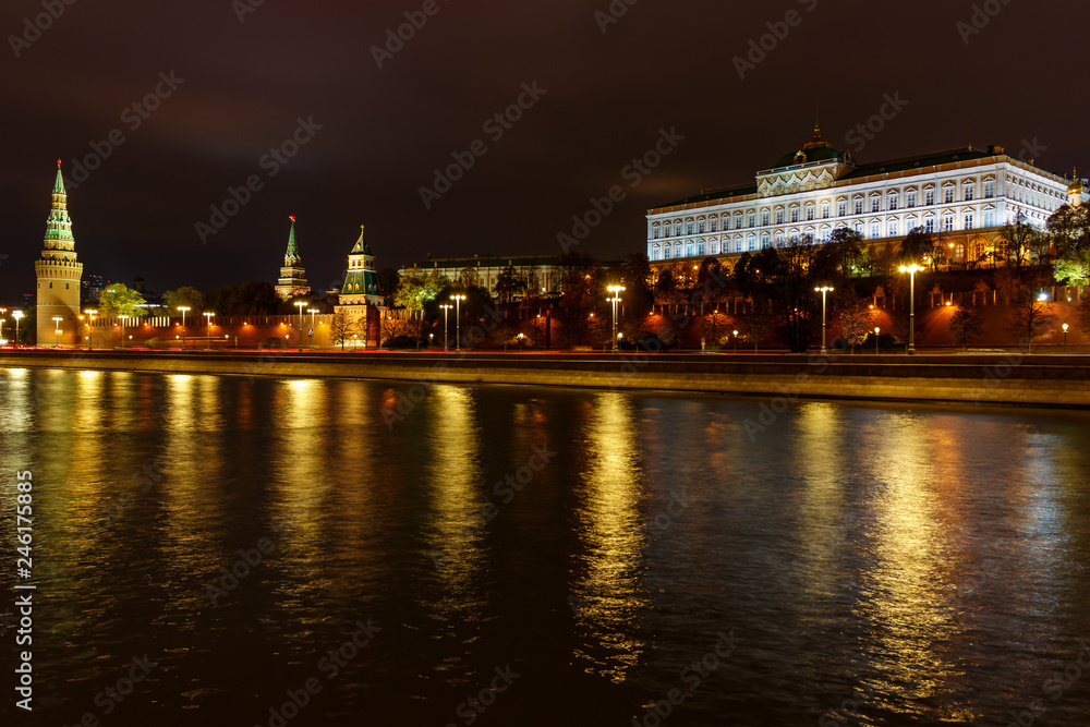 Night panorama of Moscow Kremlin and Moskva river with illumination. Moscow historical center landscape