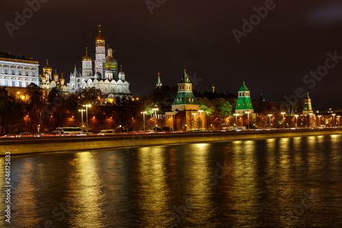 Kremlevskaya embankment near Moscow Kremlin at night with illumination. Moscow historical center landscape