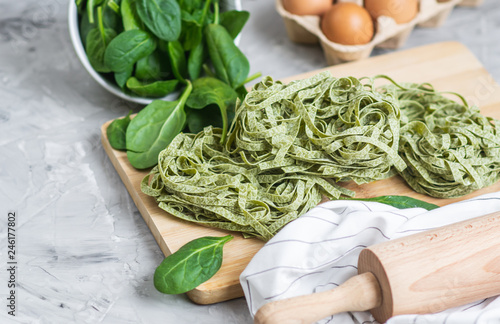 Preparation Italian Raw Homemade Green Spinach Pasta Tagliatelle Cooking Baking Kitchen Table Different Ingredients Eggs Olive Oil Flour