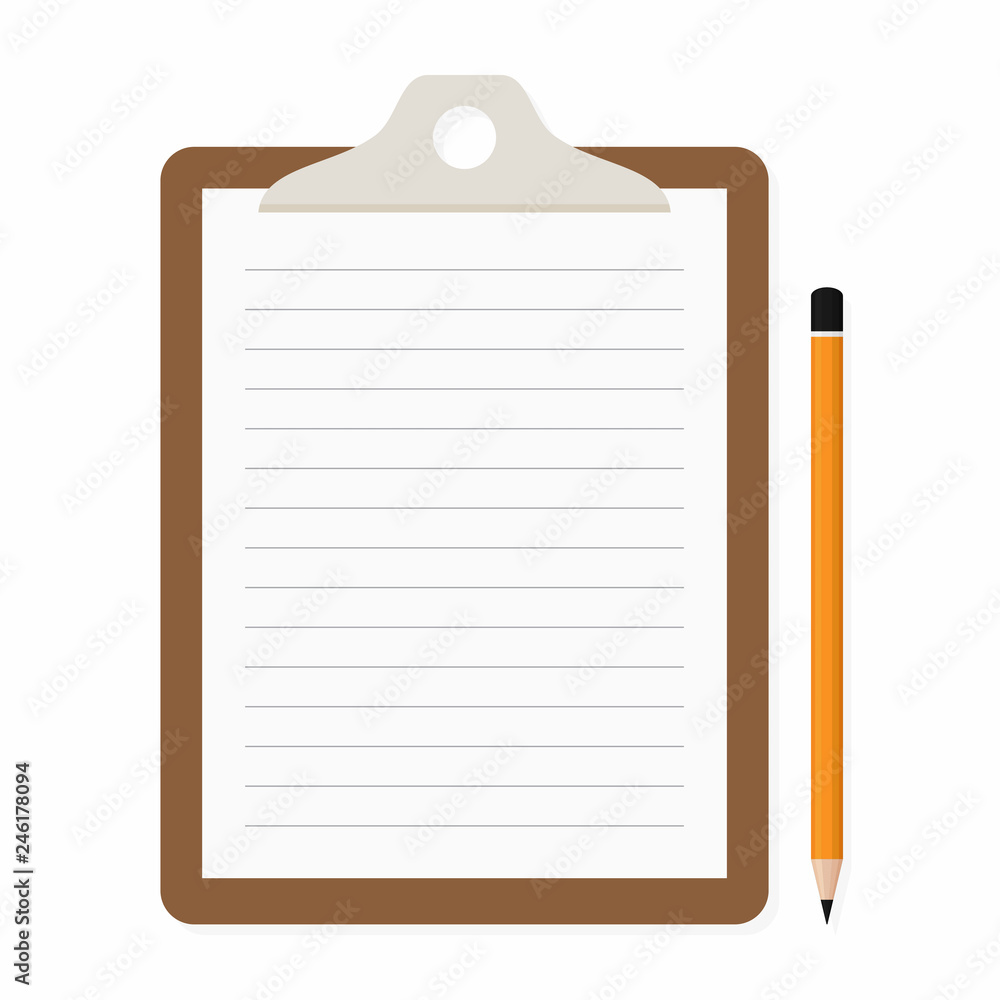 Clipboard with paper and pencil isolated on white background Clipboard with paper and pencil isolated on white background