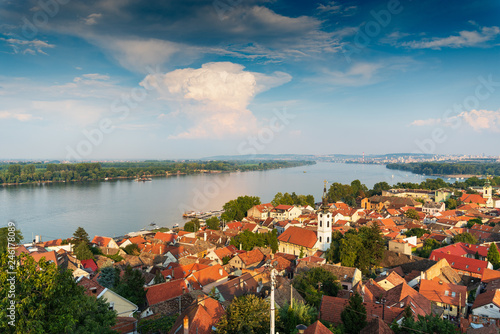 View of Belgrade and Zemun in Serbia from Gardos Tower, panorama of the Danube River with Veliko Ratno Ostrvo in the background in summer