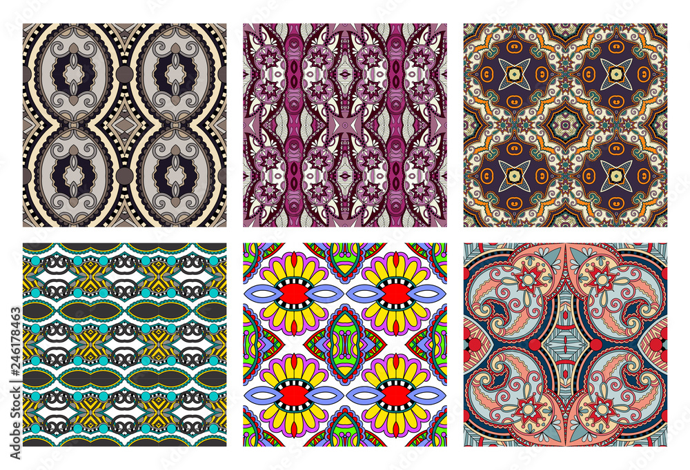 set of hand drawing ornate seamless flower paisley design background