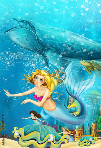 Cartoon ocean and the mermaid in underwater kingdom swimming with whales - illustration for children